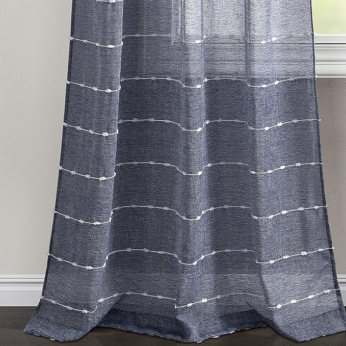 Lush Decor Farmhouse Textured Back Tab/Rod Pocket Sheer Window Curtain Panel Pair, 38"W x 84"L, Navy