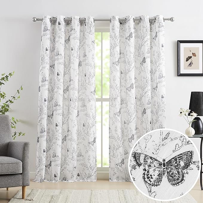 Jubilantex Butterfly Leaf Semi Sheer Curtains 95" L Curtain Panels for Kids Bedroom,Black Print on White Light Filtering Window Drapes,Grommet Top