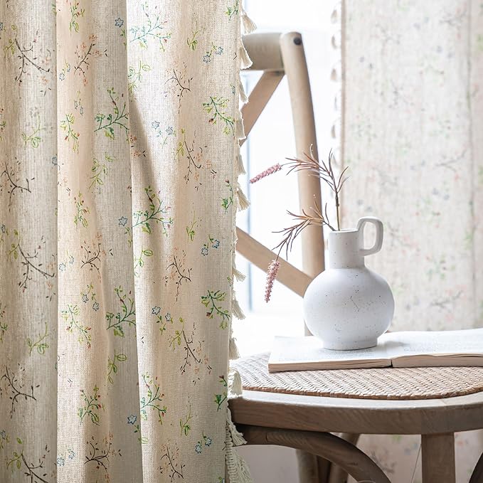 ENJOYBRIDAL Floral Living Room Curtains 84 Inches Long Doorway Vintage Semi Sheer Drapes Farmhouse Nursery Bohemian Window Curtain Panels with Tassel Beige Rod Pocket Bedroom Drapes, 1 Panel