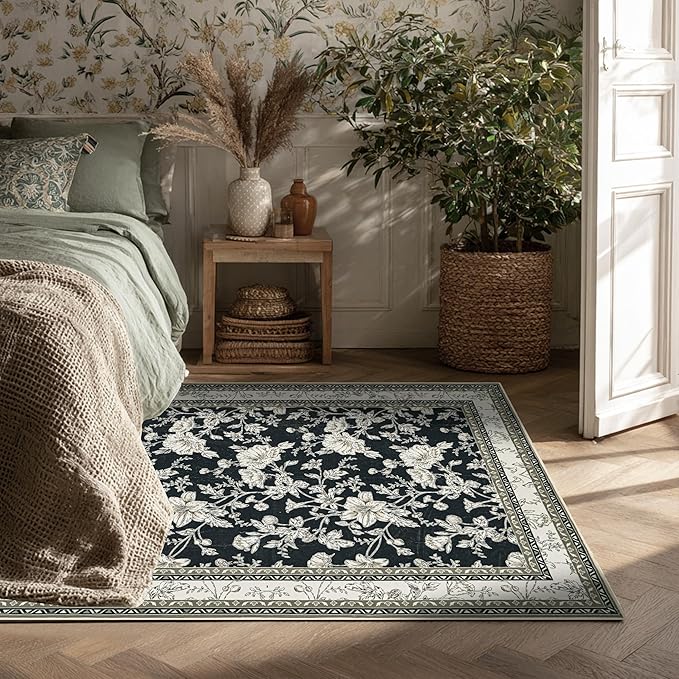 Floral Boho Rug 4x6 Washable Non Slip Area Rug Bohemian Carpet Door Mat Black Beige Taupe Floral Distressed Modern Farmhouse Sketch Style Flower for Bedroom Foldable 4x6 for Entryway Living Room