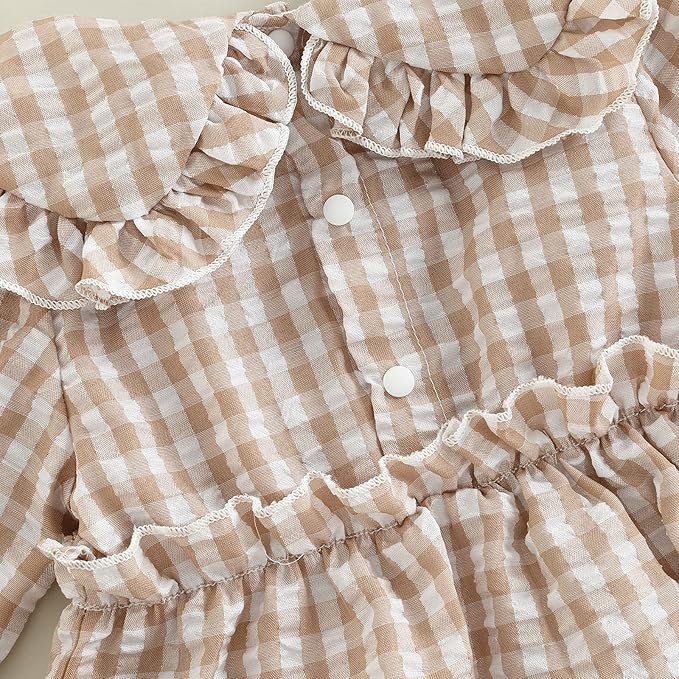 Karuedoo Newborn Baby Girl Clothes Gingham Plaid Bubble Romper Long Sleeve Ruffle Bodysuit with Headband Spring Fall Outfit