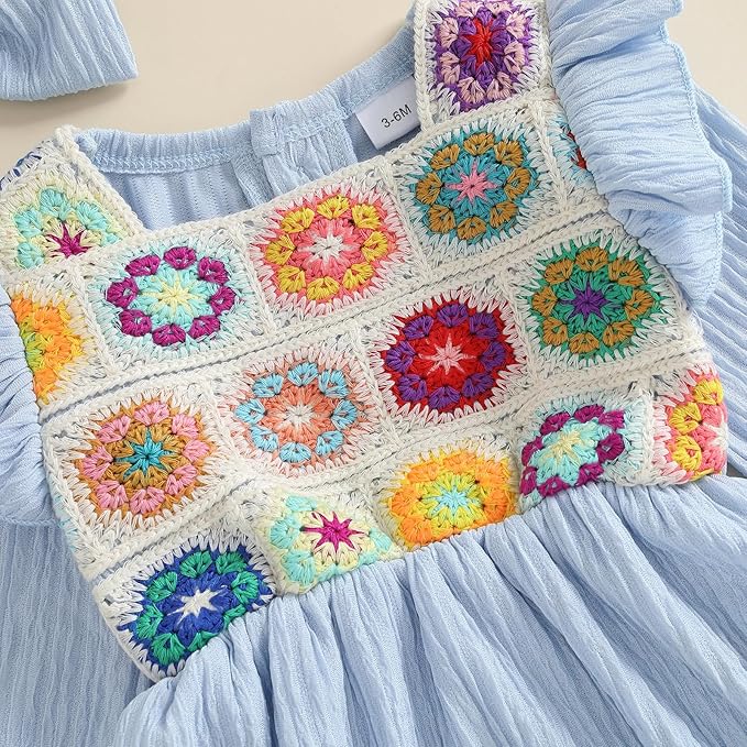 Gaono Newborn Baby Girl Smocked Bubble Romper Cute Boho Summer Clothes Ruffle Sleeveless Crochet Flower Vintage Bodysuit