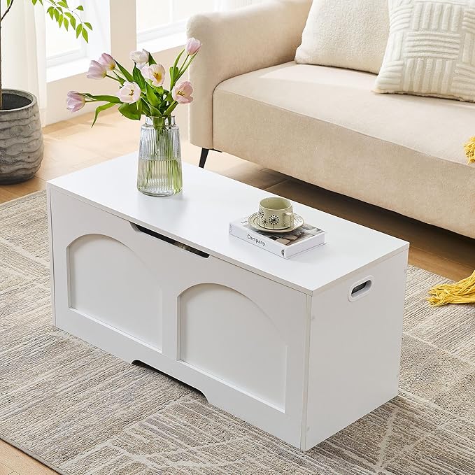 Storage Chest, Wooden Storage Bench Trunk, Upgraded Safety Lift Support Hinge, Large Entryway Bench Box, 31.5" x 15.7" x 18.3" Storage Box Chest Organizer Bench, White