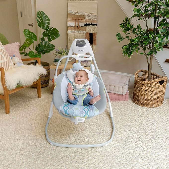 Ingenuity SimpleComfort Lightweight Compact 6-Speed Multi-Direction Baby Swing, Vibrations & Nature Sounds, 0-9 Months 6-20 lbs (Everston)