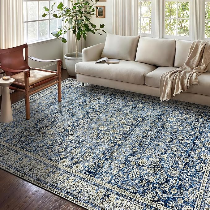 Blue Distressed Carpet Multi Rug Kitchen Living Room Bedroom Dining Room,6x9 Cover Print,Vintage Design Flower Area Rug
