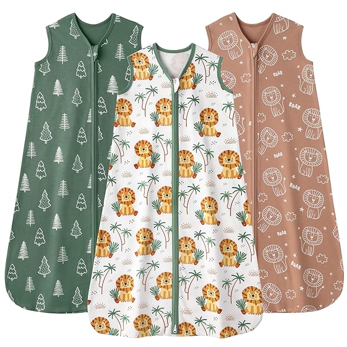 Baby Sleep Sack 12-18 months, 100% Cotton Sleeping Sack for Toddler, 3 Pack Baby Wearable Blanket, 0.5 Tog Lightweight Double Zipper Sleep Bag Large Brown Green Lion