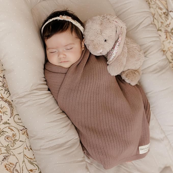 Organic Ribbed Swaddle Blanket for Boys & Girls - 100% Luxury Organic Soft Cotton Knit Warm Cozy Cuddle Stroller Blanket for Newborns, Infants, & Toddlers (Milk Chocolate)
