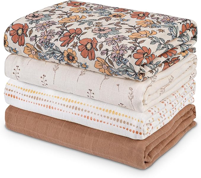 Muslin Swaddle Blankets for Newborn, 4 Pack Cotton Baby Blanket, Large 31.5 x 43.3 inch Breathable Soft Receiving Blanket, Essentials Swaddle Wrap Burping Clothes, Vintage Flowers