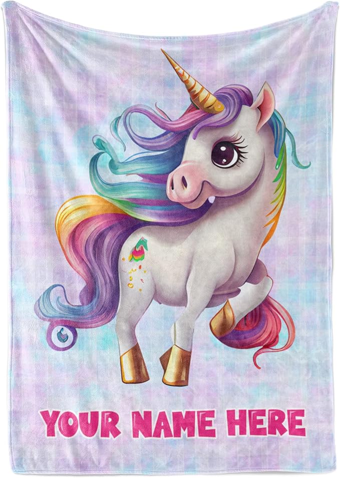 Personalized Baby Unicorn Throw Blanket for Girls with Custom Name, Prancing Pony with Rainbow Mane and Tail, Cute Nursery Room Decor, Soft Plush Toddler Bedding for Babies, (Sherpa 60x80)