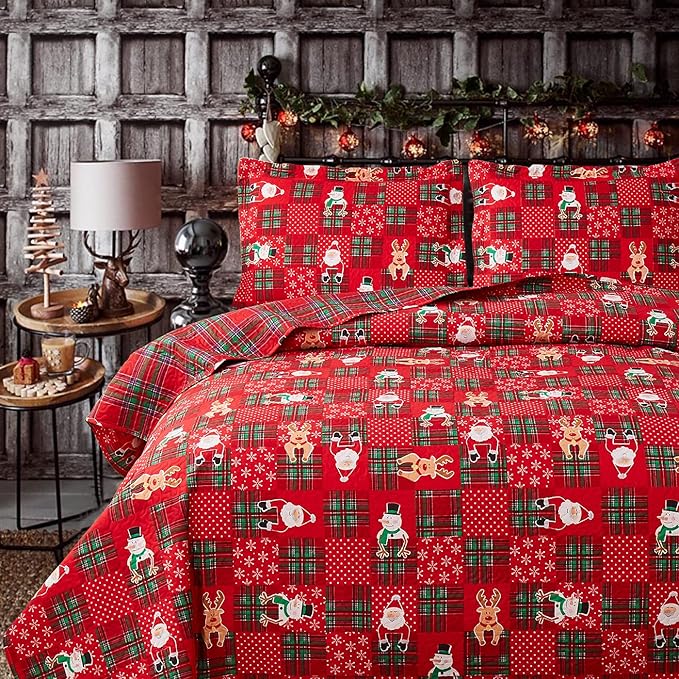 Christmas Quilt Set Queen Size Bedding Reversible Red Green Christmas Plaid Patchwork Quilt Home Holiday Xmas Bedding Bed Set Lightweight Quilt Bedspread Coverlet,Snowman
