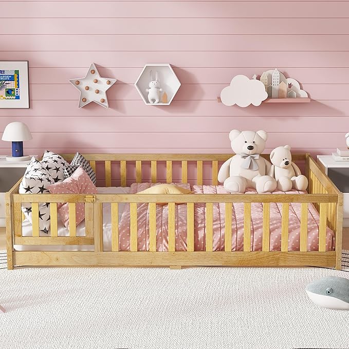 Bellemave Twin Size Floor Bed for Kids, Girls, Boys, Rubber Wood Floor Bed with slats and Door, Natural