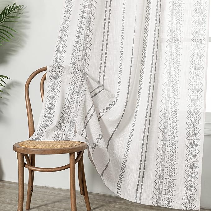 MEETSKY Boho Curtains Geometric Semi-Sheer Cotton Curtains 2 Panels Back Tab Curtains 63 Inches Long Light Filtering Printed Window Drapes for Living Room Home Decorative Drapes for Bedroom