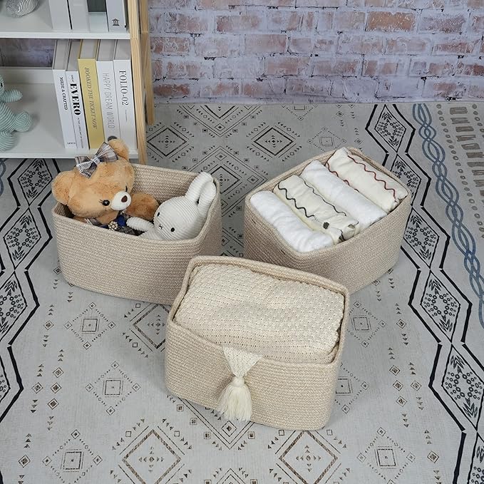 Rope storage Basket Bins Woven Basket for Organizing Shelves 14.5X9.5X9.3" Rectangle Decorative Baskets For storage Clothes Toys Books Towels Nursery basket organizer 3 pack Oatmeal