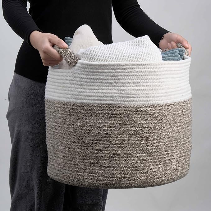 Blanket Basket - Woven Round Rope Storage Basket (16"Wx14"H) for Blankets & Throws, Small Laundry & Toy Organizer, Decorative Living Room & Bedroom Cotton Basket - White & Brown