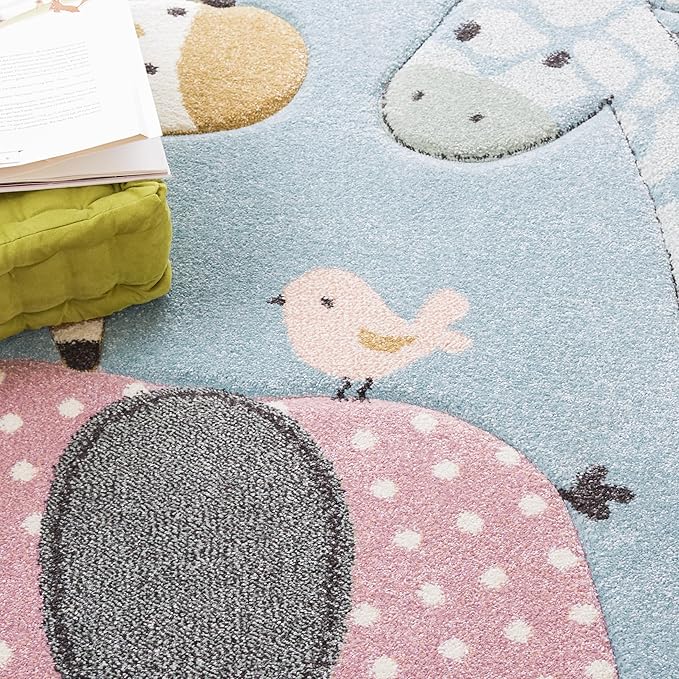SAFAVIEH Carousel Kids Collection Area Rug - 4' x 6', Blue, Animal Design, Easy Care & Non-Shedding, Ideal for High Traffic Areas for Boys & Girls in Playroom, Nursery (CRK120K-4)