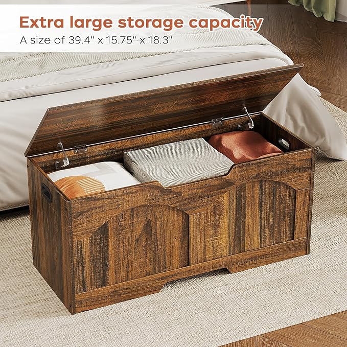 Storage Bench, 39.4" Retro Storage Trunk, Storage Chest with 2 Safety Hinges, U-Shaped Cut-Out Pull, Farmhouse Style, 39.4" x 15.7" x 18.3", Entryway Storage Bench, Supports 330 lb, Rustic Brown