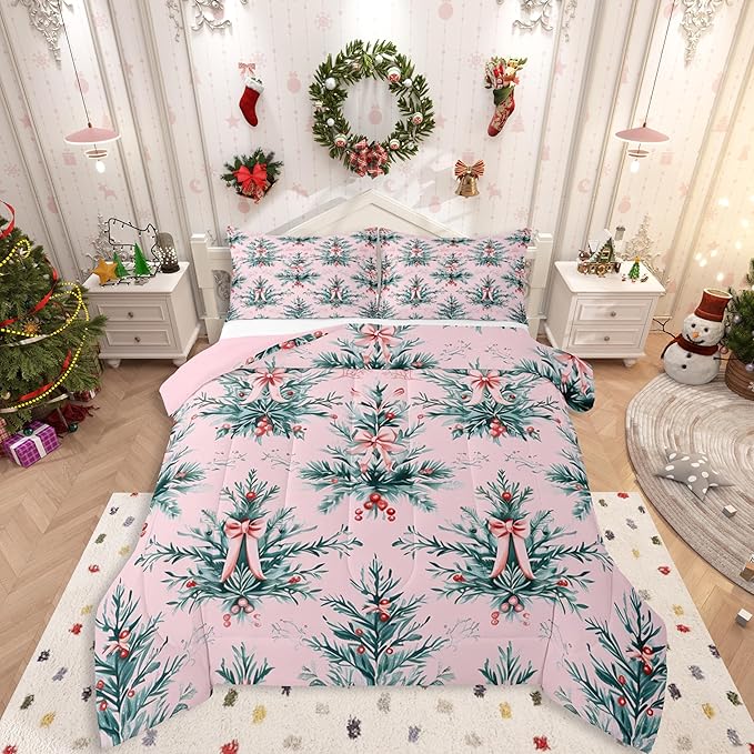 Feelyou Merry Christmas Kids Comforter Set Full Size Green Xmas Tree Bedding Set Pink Bow Duvet Quilt for Kids Boys Girls Bedroom Decor Microfiber Ultra Soft Breathable