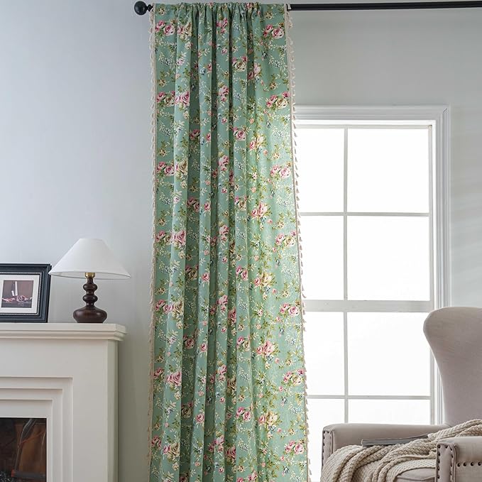 ENJOYBRIDAL Floral 84 Inch Curtains for Living Room Green Drapes Bedroom Semi Sheer Rod Pocket Floor Length Window Curtains 2 Panel Sets Boho Farmhouse Vintage Light Filtering Window Treatments
