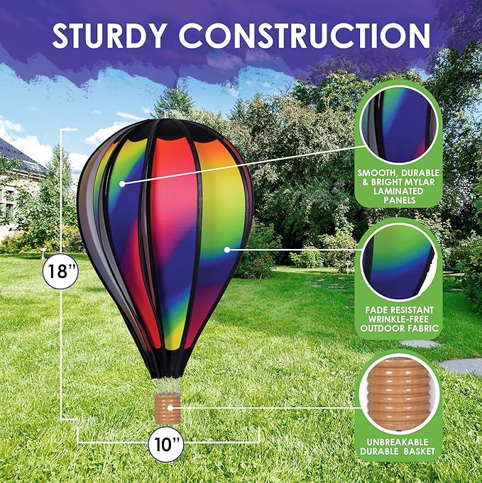 Hot Air Balloon Hanging Garden Spinner 18" - Vibrant Wavy Gradient Design, Weather-Resistant Outdoor Decor, Durable & Lightweight for Patios, Yards, and Gardens - Eye-Catching Wind Spinner
