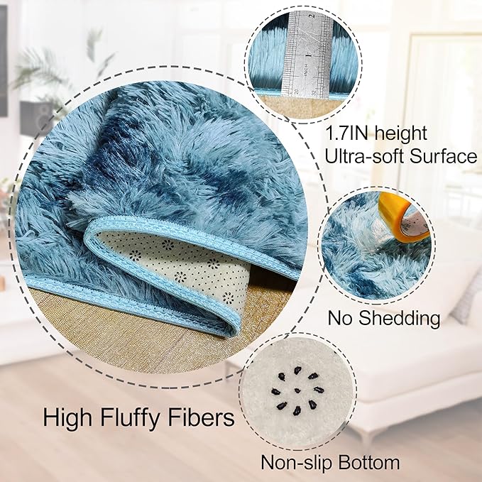 2x8 ft Plush High Pile Blue Tie-Dyed Rug Fluffy Soft Runner Bedside Rug for Bedroom Living Room Hallway Nursery Kids Home Decor Shag Carpet