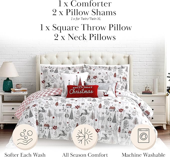 Southshore Fine Living, Inc. 5-Piece Oversized Christmas Comforter Set Twin XL, Reversible Twin Christmas Bedding, Holiday Bedding, 1 Sham, 2 Throw Pillows, 1 Throw Pillow Cover - Holly Jolly