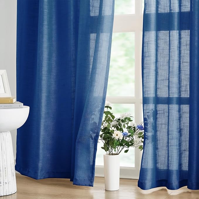 FMFUNCTEX Linen Semi Sheer Curtains 84 Inches Long for Bedroom, Navy Blue Pinch Pleated Curtains for Living Room, Light Filtering Farmhouse Window Drapes Rod Pocket Back Tab 2 Panels Set