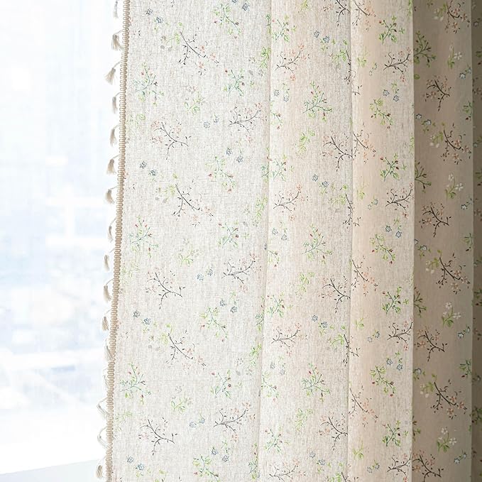 ENJOYBRIDAL Floral Living Room Curtains 84 Inches Long Doorway Vintage Semi Sheer Drapes Farmhouse Nursery Bohemian Window Curtain Panels with Tassel Beige Rod Pocket Bedroom Drapes, 1 Panel