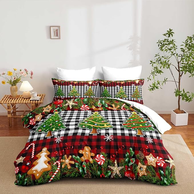 Christmas Duvet Cover Queen Size Black White Gingham Bedding Set 3 Pcs Kids Boys Girls Red Plaid Grid Christmas Tree Gingerbread Man Comforter Cover with Zipper Closure (No Comforter)