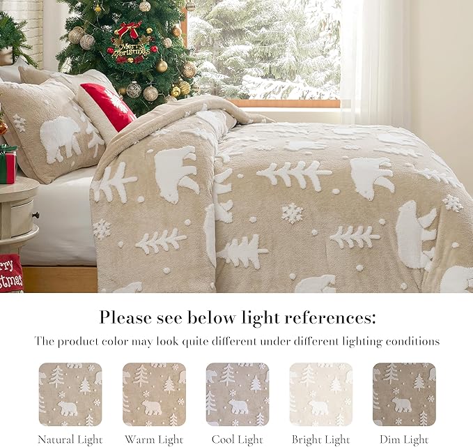 Amélie Home Christmas Comforter Set Queen, Fluffy Christmas Bedding Set with Polar Bear, Beige Fleece Plush Comforter for Winter, 3 Pieces, 1 Soft Comforter and 2 Pillowcases