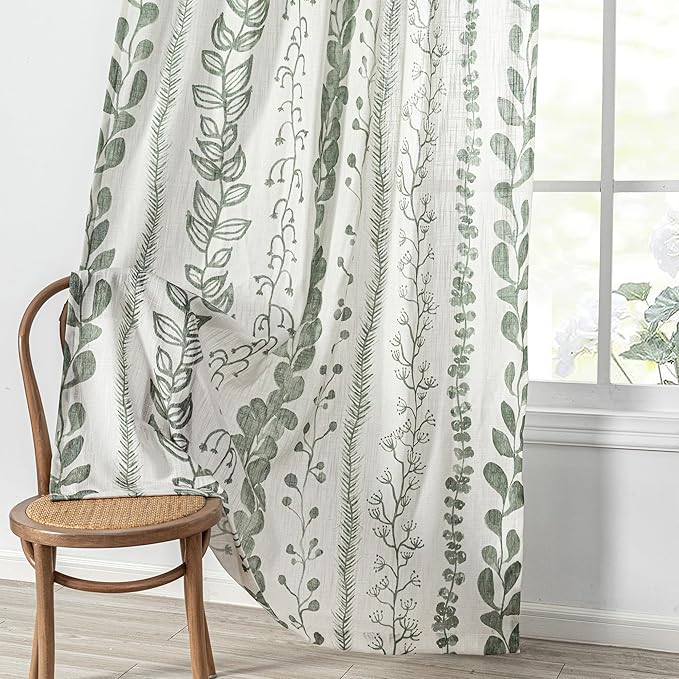 MEETSKY Sage Green Curtains 108 Inches Long 2 Panels Boho Curtains for Living Room Light Filtering Patterned Drapes for Bedroom Linen Style Back Tab Leaf Print Window Treatment, 50” Wide Each Panel