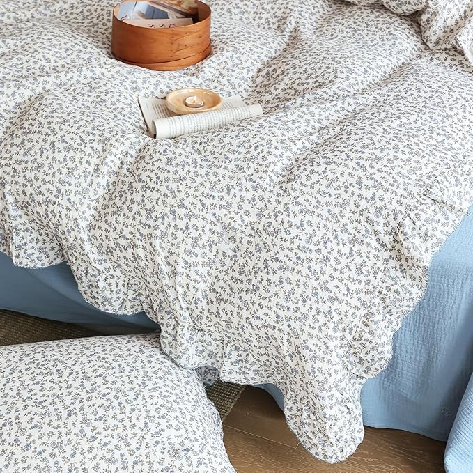 BuLuTu Vintage Blue Floral Ruffles Duvet Cover King, Princess Bedding Comforter Cover, 100% Cotton Muslin Quilt Covers with Zipper, 90"x104", No Pillow, Soft Lightweight
