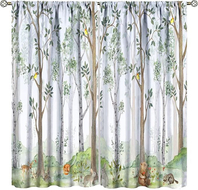 Kids Animal Curtains, Watercolor Natural Forest Animal Hedgehog Fox Butterfly Rabbits Forest Print Curtain Boys and Girl Bedrooms 63x72in