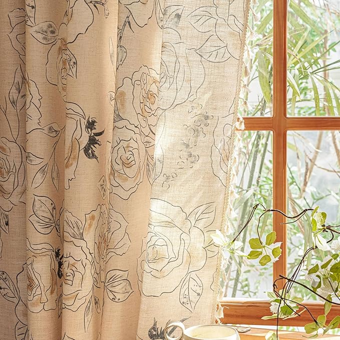 ENJOYBRIDAL Floral 84 Inch Curtains 2 Panel Set Coquette Rod Pocket Drapes Boho Bedroom Semi Sheer Aesthetic Window Curtain Panels Farmhouse Living Room Decorations Vintage Tassel Window Treatments