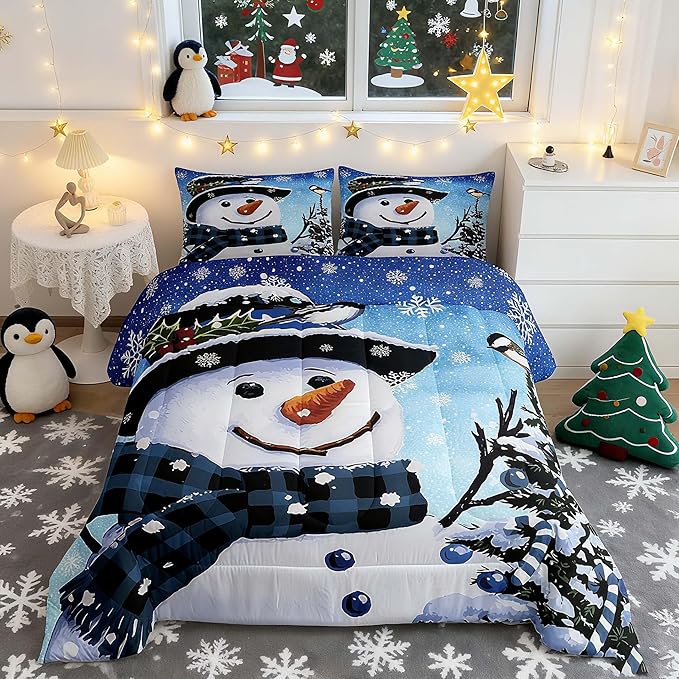 Feelyou Kids Christmas Theme Decorations Bedding Set Xmas Snowman Comforter Set for Boys Girls Snowflake Kawaii Cute Gradient Blue Bedroom Collection Twin Size