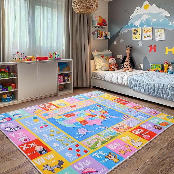 Kids Rugs for Playroom - Soft & Non-Slip 7x9 Feet Educational Rug for Learning ABC Alphabet, Numbers, Shapes & Map, Washable Classroom Rug for Toddler Nursery & Kids Room Decor