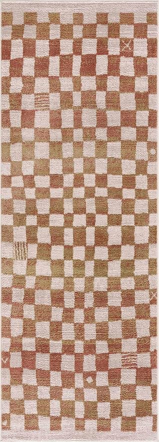 Hauteloom Pertek Modern Checkered Area Rug - Modern Geometric Carpet for Living Room, Kids Room, Nursery - Bohemian Boho Carpet - Cream, Beige, Light Red, Somon - 6'7" x 9'