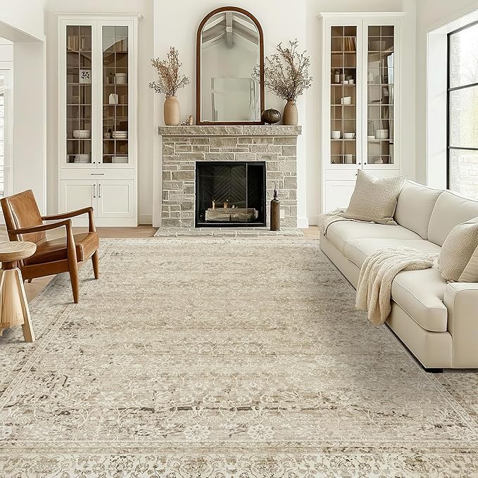 Cream and Light Tan Rug for Bedroom Neutral Boho Farmhouse Floral Washable Soft Faux Wool No Slip Area Rugs for Living Room Home Office,5x8
