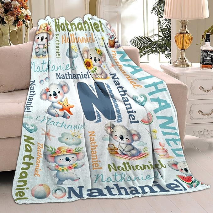 Personalized Custom Koala Blanket Gifts for Kids Boys Girls with Name - Customized Koala Super Soft Lightweight Flannel Sheets Decor for Crib Nap Couch - 60"x80" for Adult