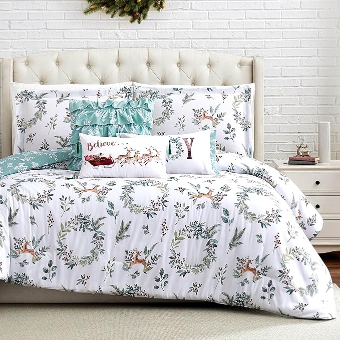 Southshore Fine Living, Inc. 6-Piece Reversible Christmas Bedding Queen, White Christmas Comforter Set Queen Size/Full, 2 Throw Pillows, 2 Shams, 1 Throw Pillow Cover, Holiday Bedding - Happy Holidays