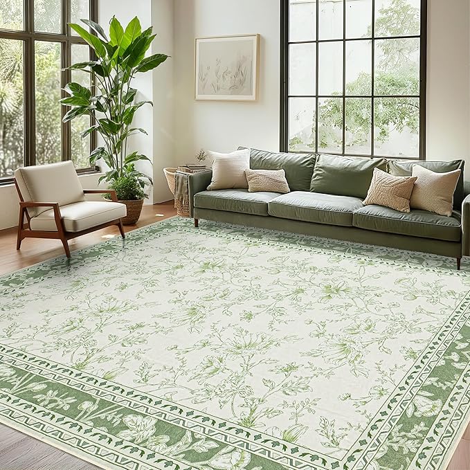 Sage Green Rugs for Bedroom 7x9 Area Rug for Living Room Machine Washable Light Green Cream Beige Printed Non-Slip Vintage Floral Distressed Indoor Boho Farmhouse Carpet for Dining Room Nursery