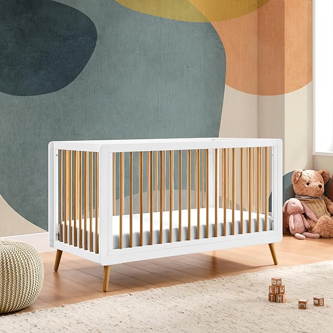 Tatum 3-in-1 Convertible Crib - Included Toddler Guard Rail, White/Natural Finish, Adjustable Mattress Height, Converts to Toddler Bed & Daybed, Fits Standard Full-Size Crib Mattress
