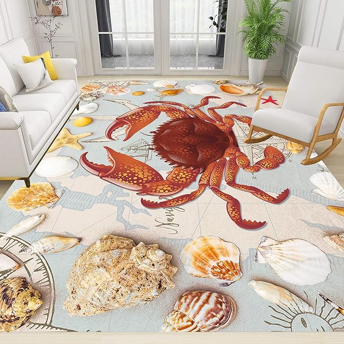 Nautical Theme Area Carpets, 4x5ft, Ocean Crab Shell Floor Rugs, Vintage Compass Anchor Printed Carpets, Machine Washable Foldable Easy-Clean Mats for Dining Room Runners