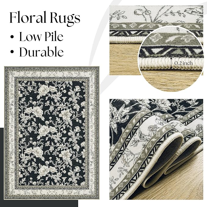 Extra Large Black Area Rug for Living Room 10x14, Floral Dining Room Rugs for Under Table, Washable Soft Non Slip Low Pile Carpet for Large Bedroom Black with Beige Cream Taupe Floral Design 10 x 14