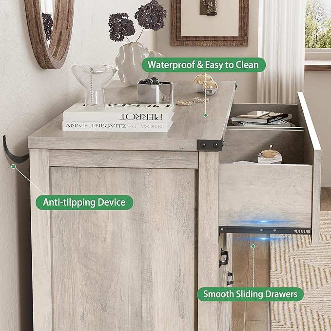 Dresser for Bedroom with 6 Drawers, 48" Wide Wood Chest of Drawers with Deep Drawers & Mental Handle, Modern Dresser TV Stand, Wooden Closet Storage Organizer for Living Room, Hallway, Entryway, Grey