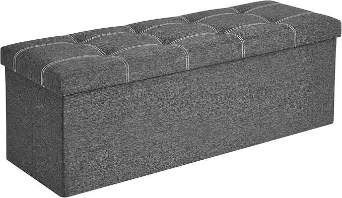 SONGMICS Mazie Collection - 43 Inches Ottoman Storage Bench, 35 Gal. Folding Chest with Breathable Linen-Look Fabric, Load up to 660 lb, for Entryway, Living Room, Bedroom, Dark Gray ULSF077G04