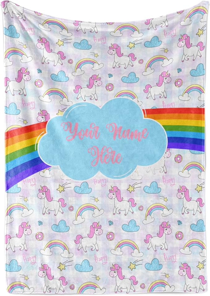 Personalized Rainbow Unicorn Throw Blanket for Girls and Boys with Custom Name, Cute Soft Bedding for Nursery Room or Tummy Play, Warm and Plush (Sherpa 50x60)