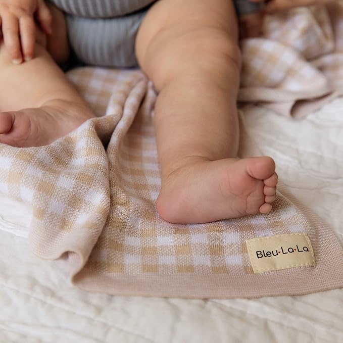 Checkered Baby Blanket Swaddle - 100% Soft Cotton Quilt Swaddling Stroller Blanket for Nursery Bed Shower Baby Gift Registry for Newborns Toddlers Boys & Girls (Plaid - Beige)