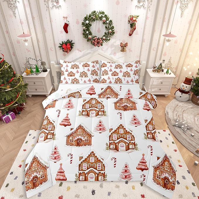 Feelyou Merry Christmas Comforter Set Queen Size Gingerbread House Bedding Set for Kids Boys Girls Xmas Tree Duvet Quilt Candy Cane Bedroom Decor Microfiber 3 Pcs with 2 Pillow Cases