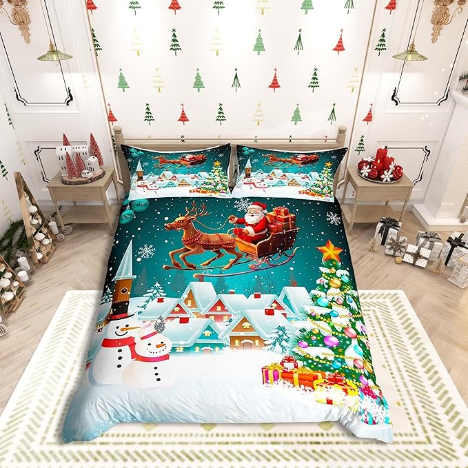 Manfei Christmas Duvet Cover Set Twin Size, Xmas Tree Snowman Bedding Set for Kids Boys Girls, Santa Claus with Reindeer Comforter Cover New Year Theme Quilt Cover with 1 Pillowcase, No Comforter