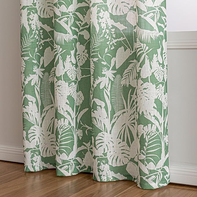 MYSKY HOME Tropical Linen Curtains for Living Room 84 inch Length 2 Panels Set Decor Semi Sheer Curtains Green Palm Leaves Plant Pattern Window Drapes for Bedroom Dining Room Patio, Green, 2 Pcs